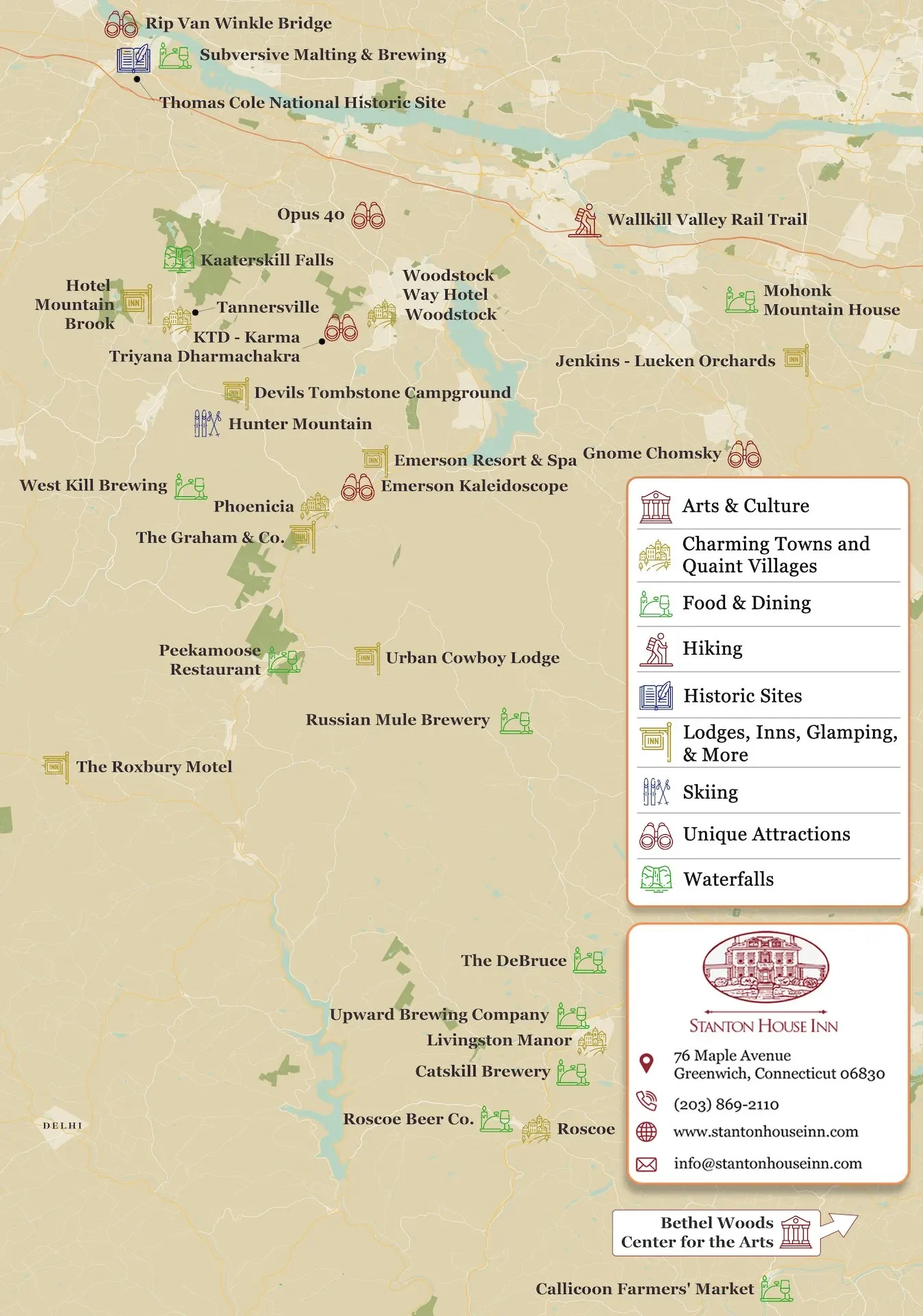Map of top attractions, activities, and things to do in the Catskill Mountains of Upstate New York