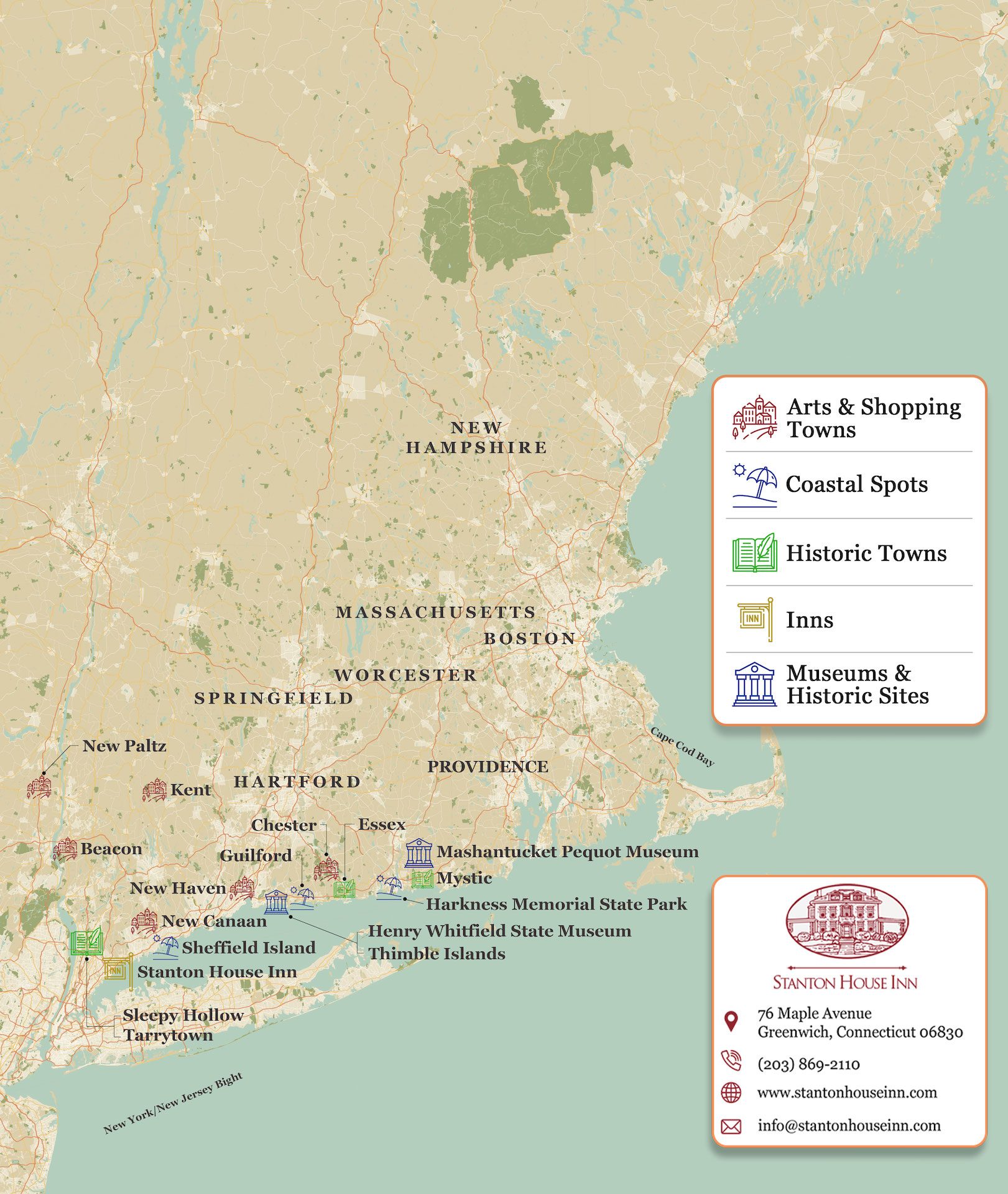 Map of the best day trips from Greenwich CT
