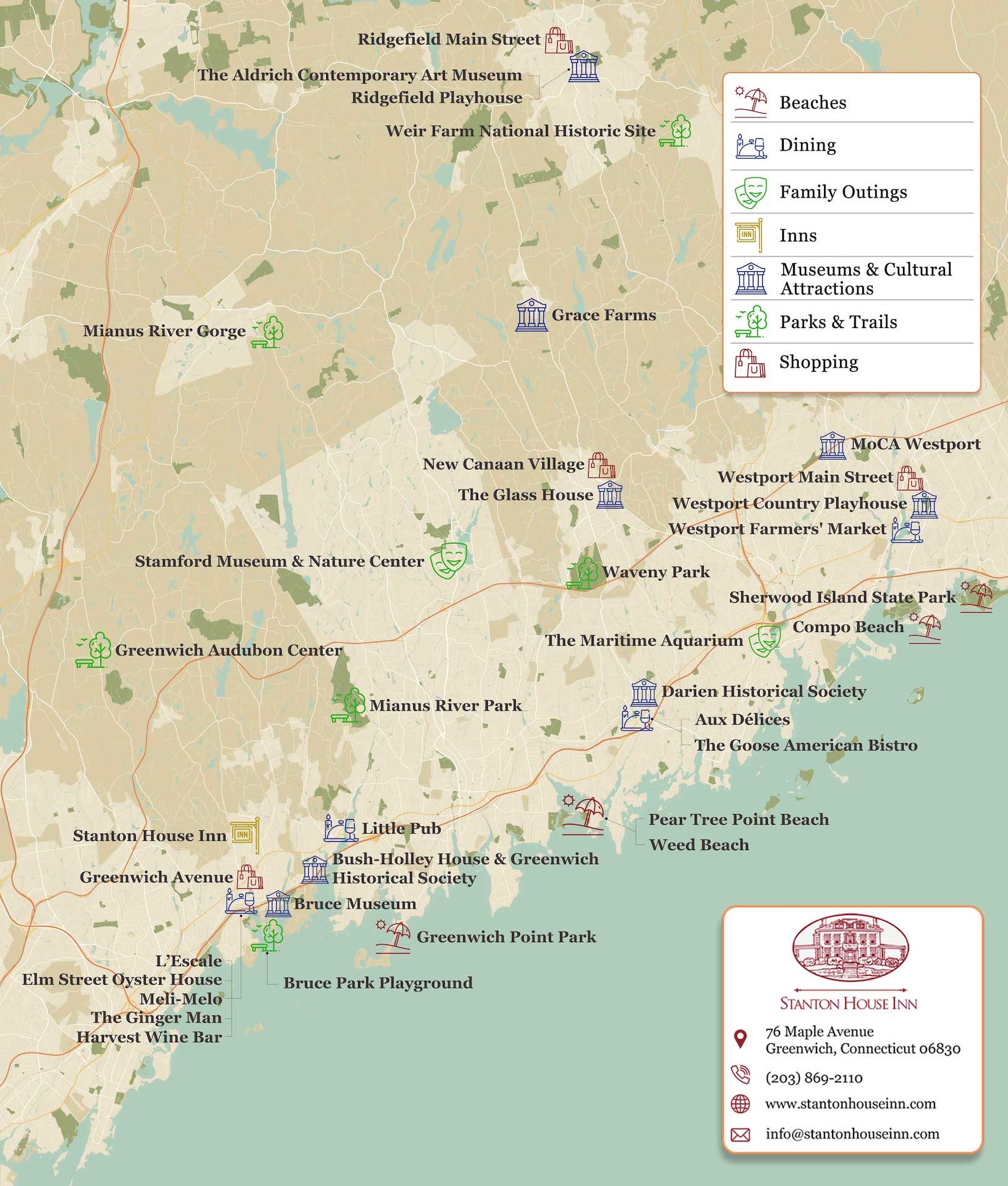 Map of attractions, activities, and things to do in the richest towns in Connecticut