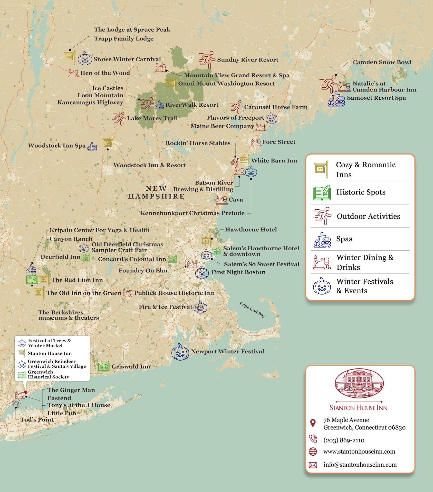 Map of the best attractions, activities, and things to do to celebrate winter in New England