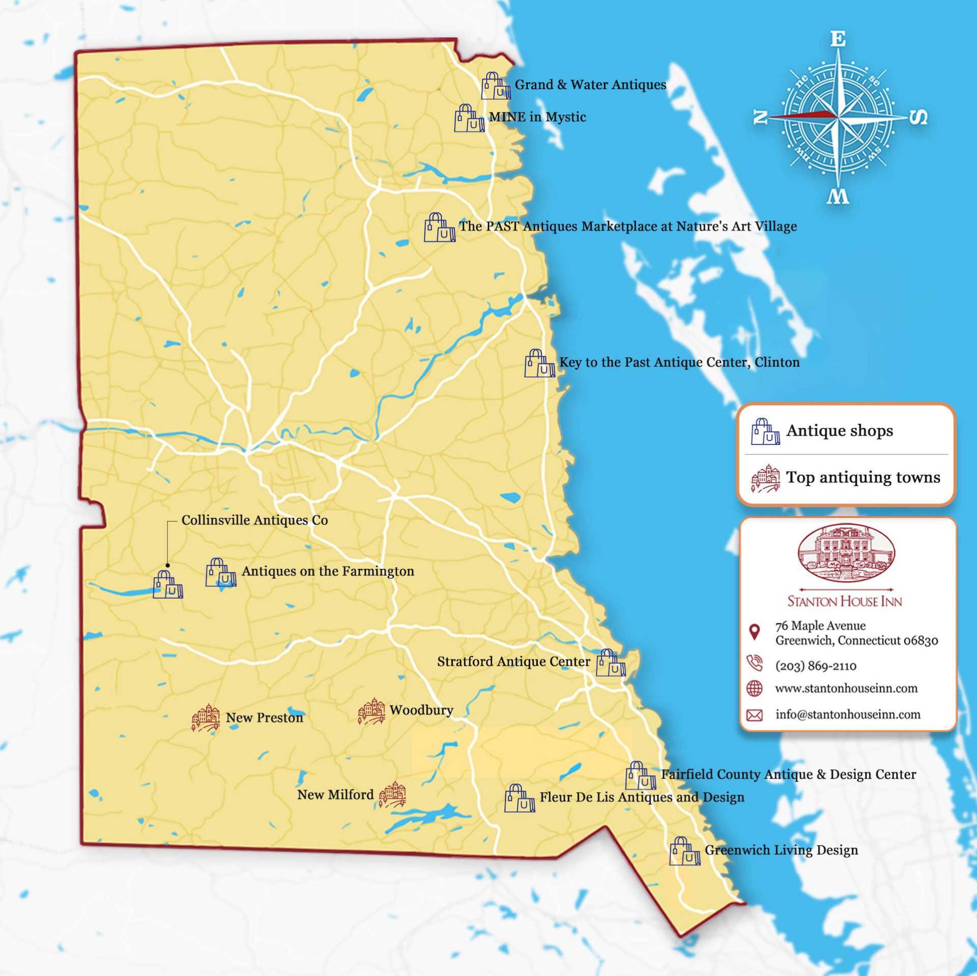 Map of antique stores and shops in CT