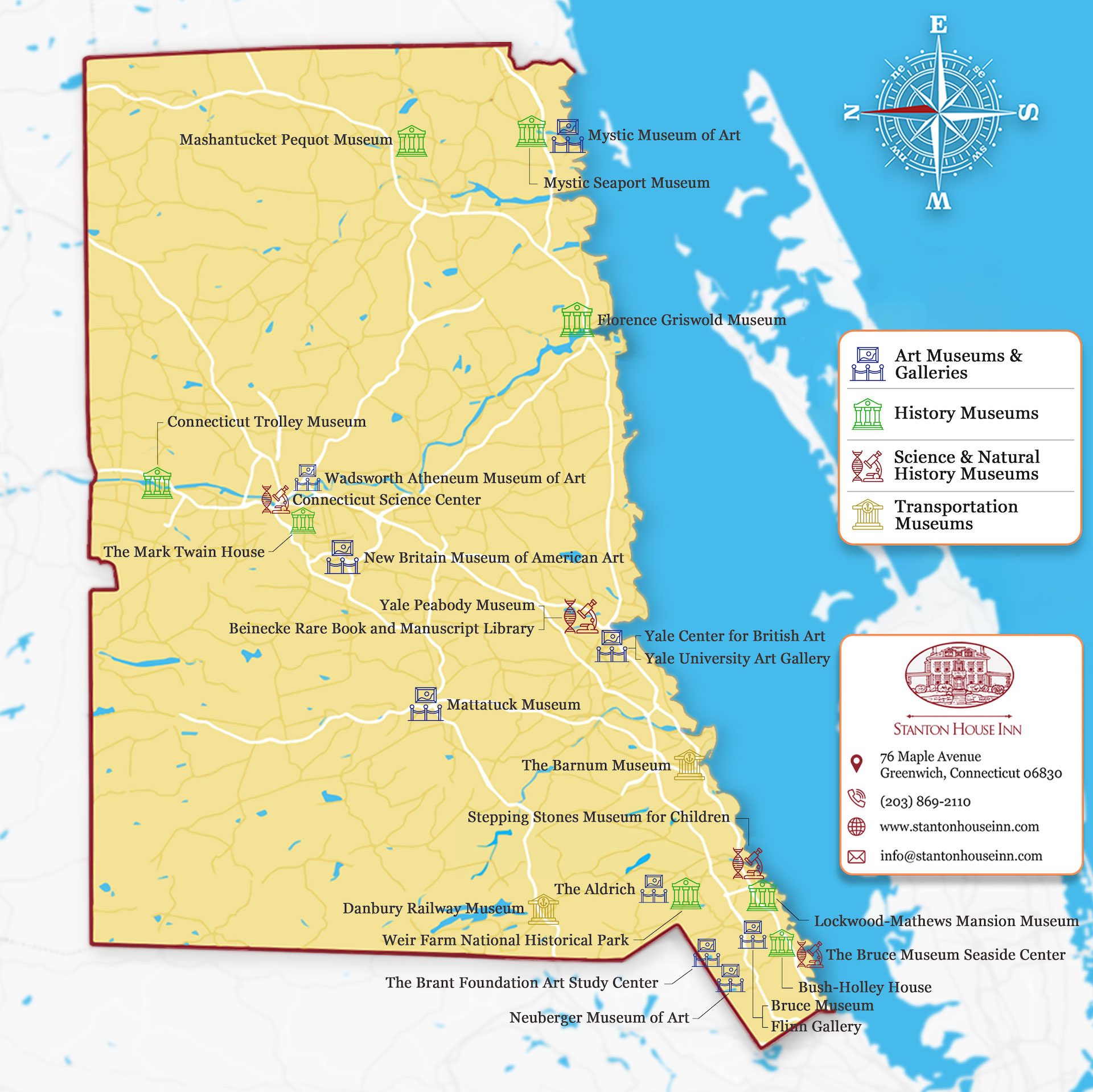 Map of the best museums in Connecticut, from art galleries to natural sciences museums