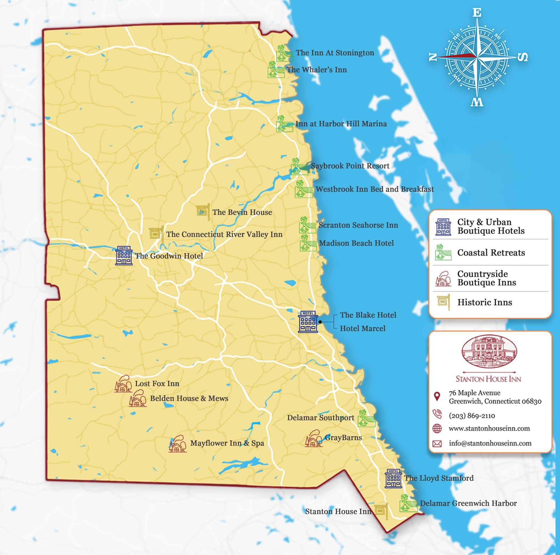 Map of the best boutique hotels in CT, across Connecticut