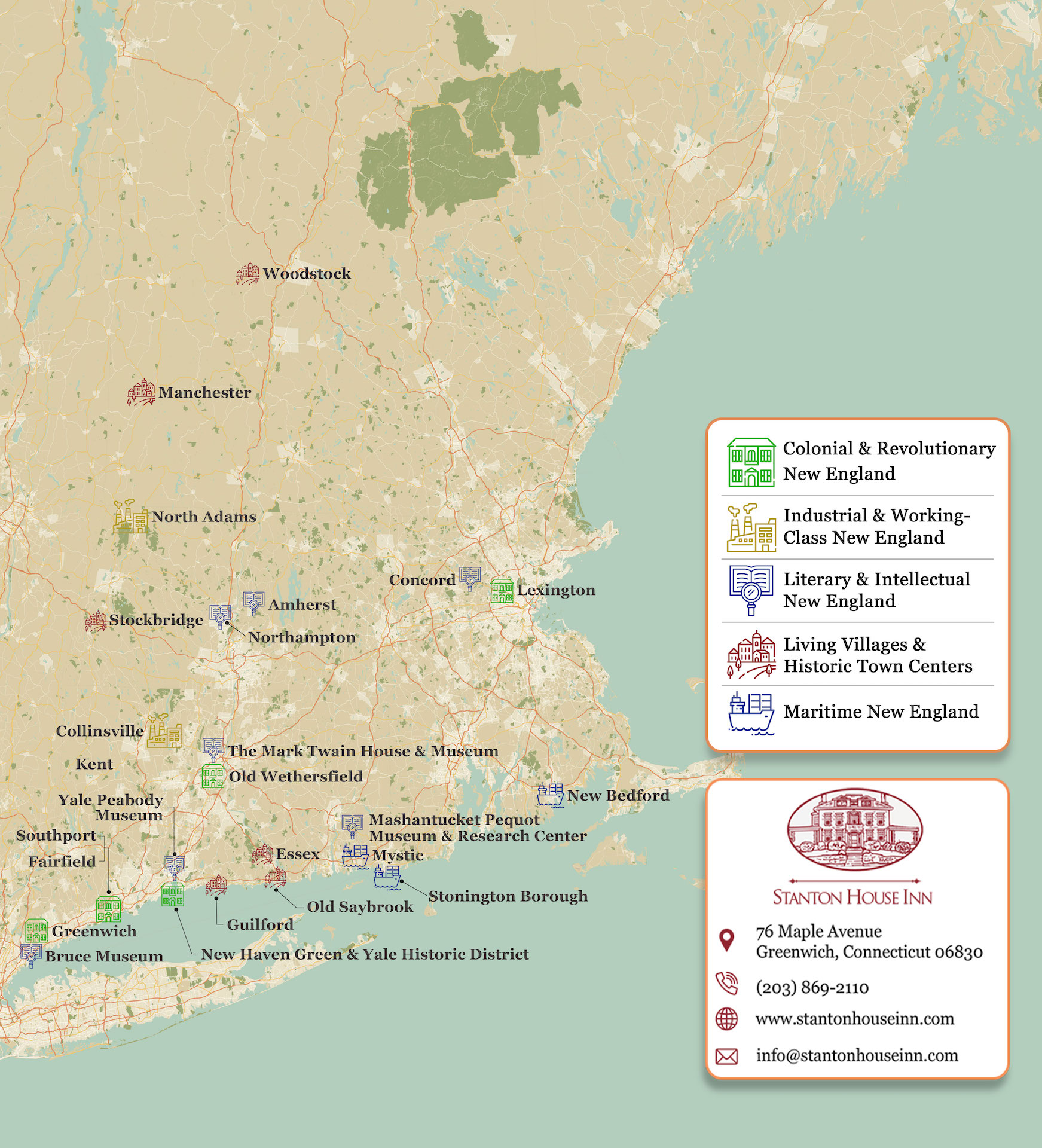 map of historic New England sites and towns