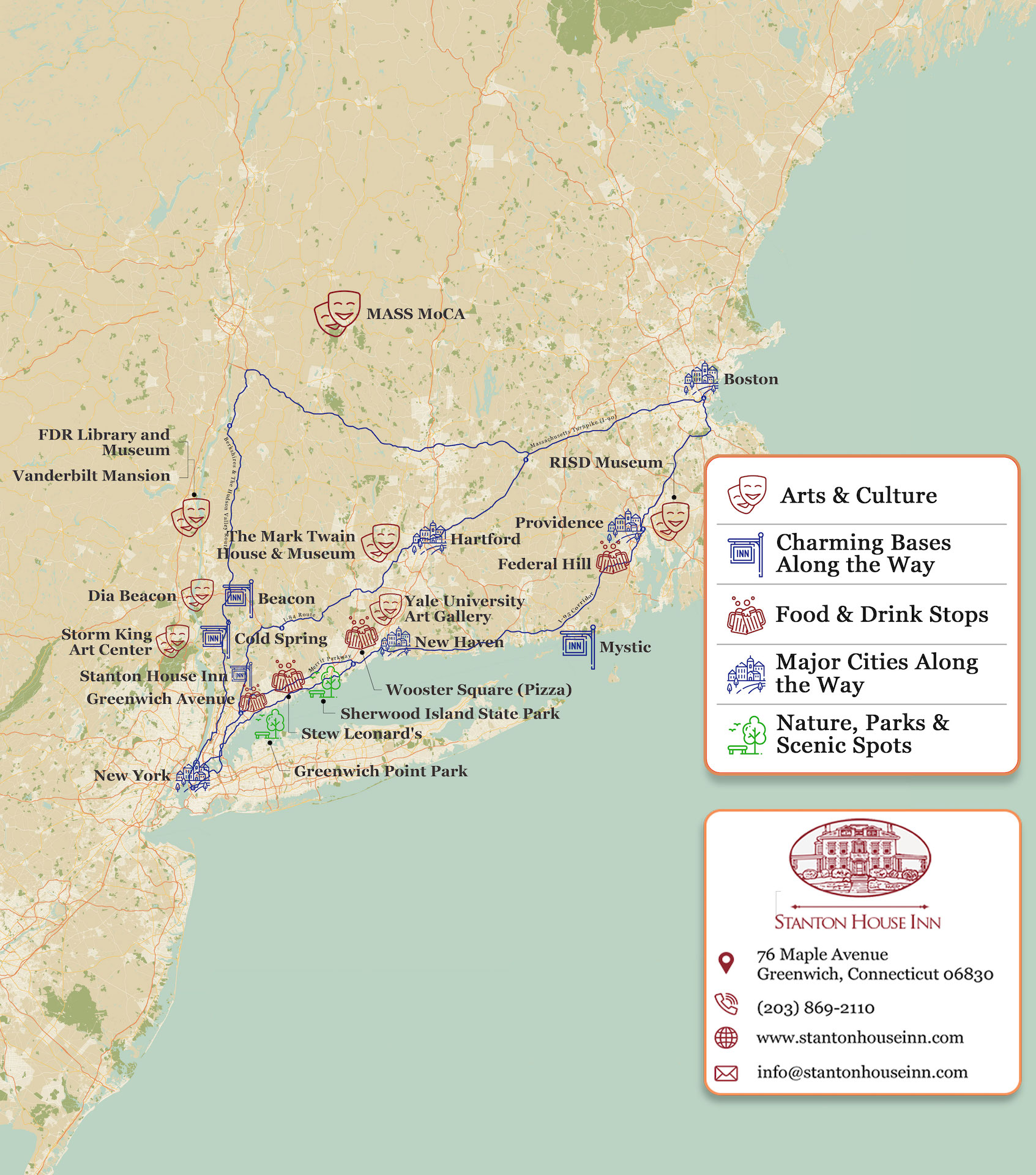 Map of attractions, activities, and things to do along the way on a Boston to New York road trip