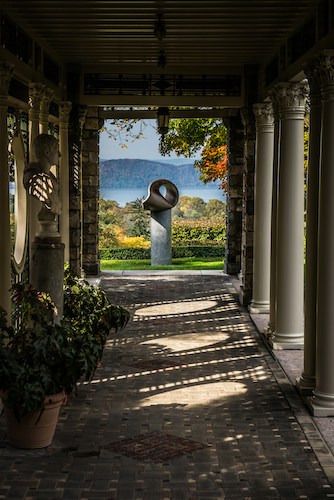 Art in front of the view to the Hudson at Kykuit, the Rockefeller Estate
