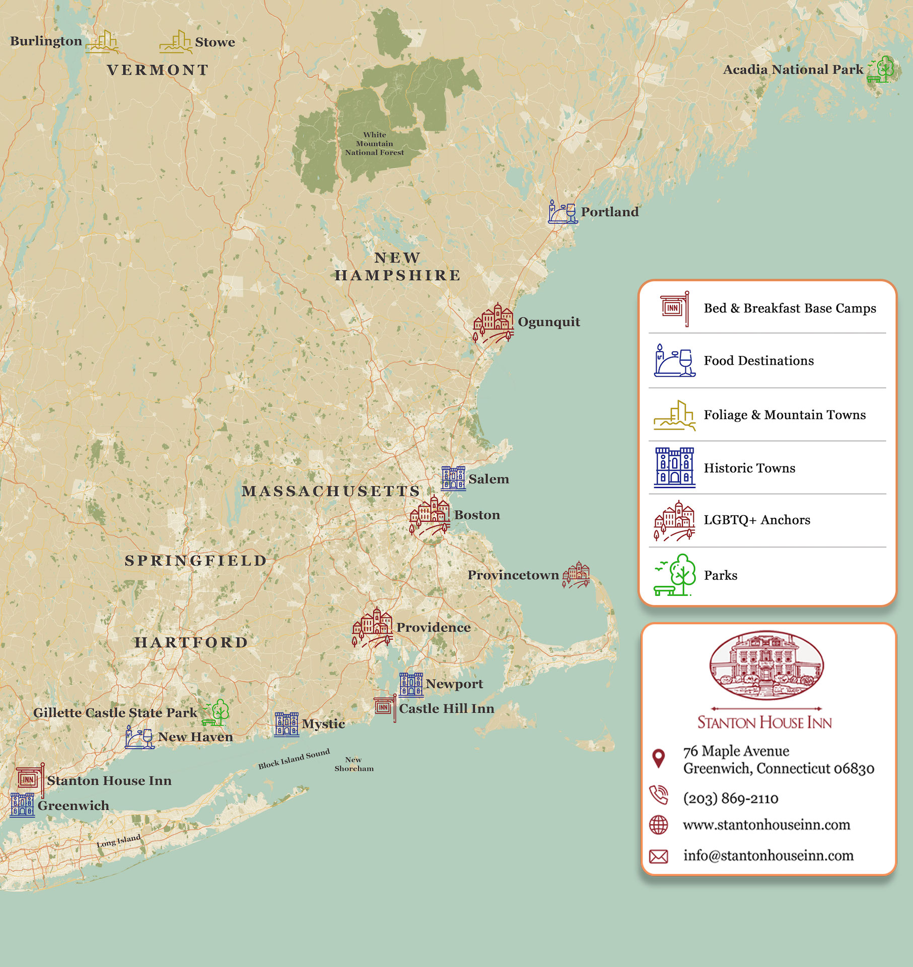 Map of the top bucket-list stops on the best New England road trip from NYC