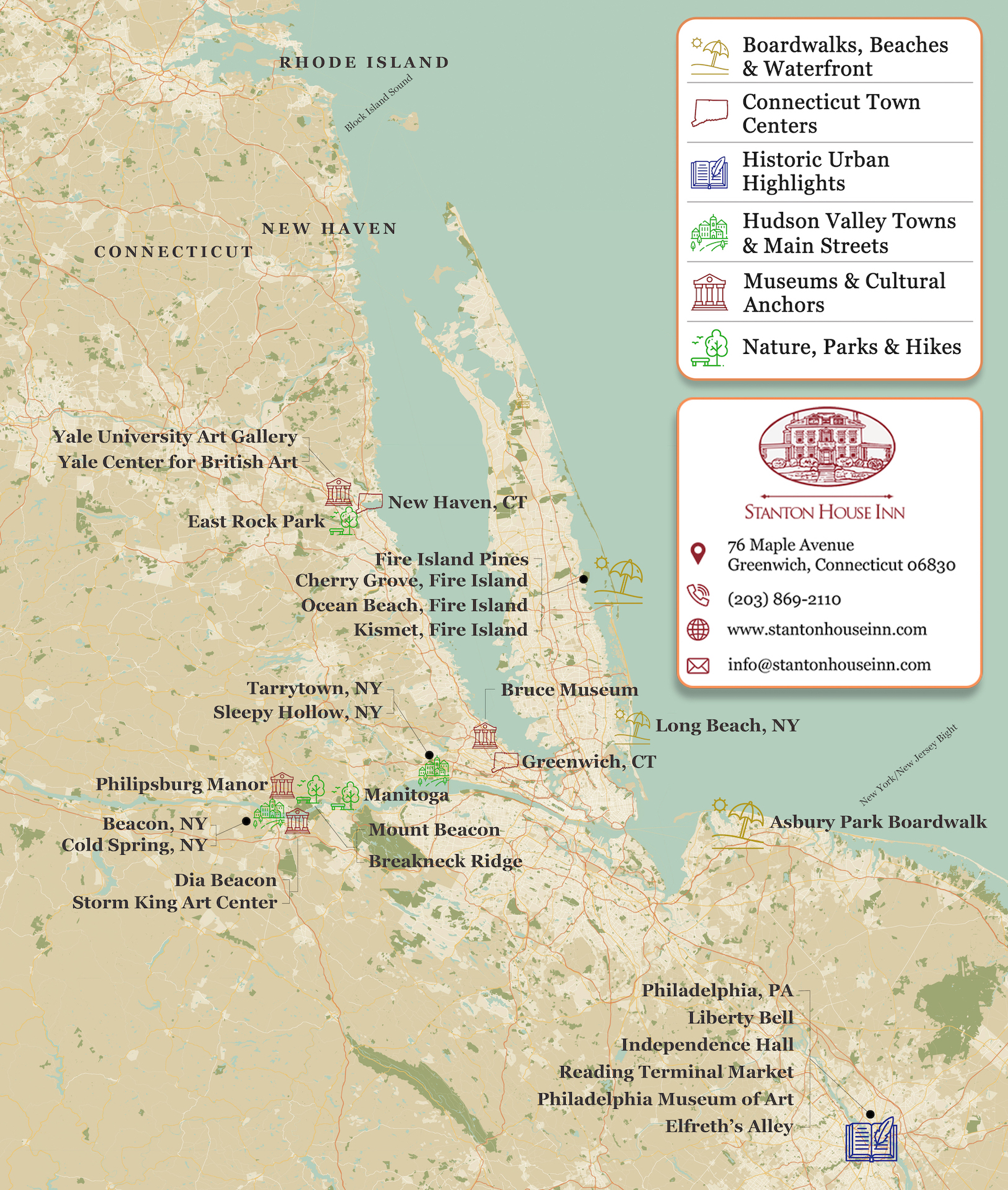 Map of the best day trips from New York without a car