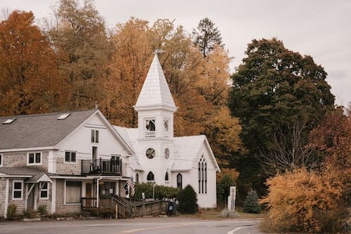 Charming town amidst fall foliage in New England
