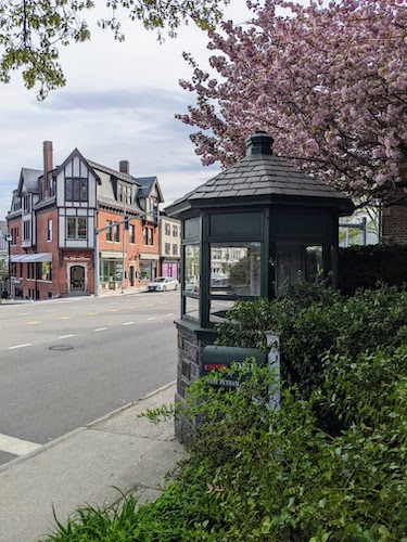 The top of Greenwich Avenue where it meets the Post Road in spring, easy to get to with our spring getaway package