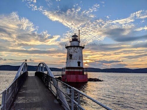 Sunset behind the Tarrytown Lighthouse on the Hudson River