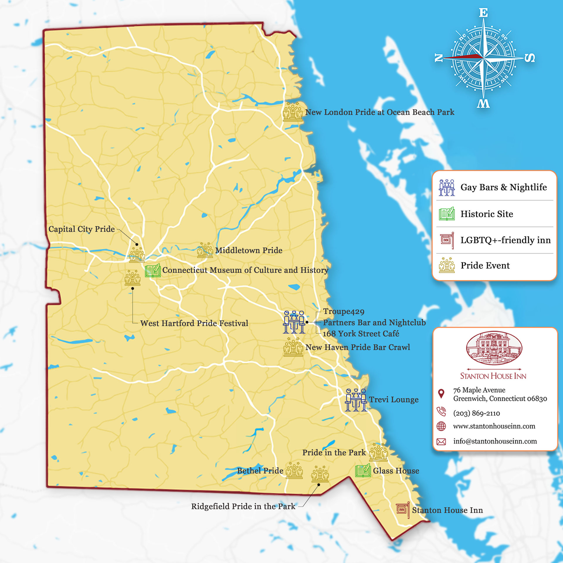 Map of attractions, activities, Pride events, and things to do in Gay Connecticut