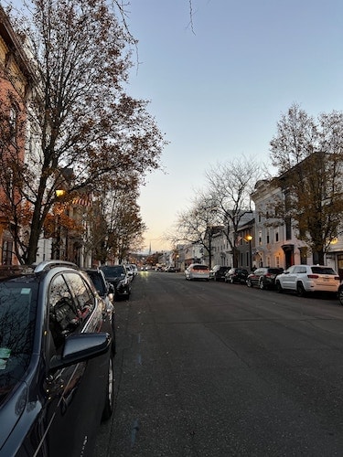 Cars lining the historic streets of Hudson, New York