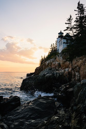 Bass Harbor Head Lighthouse in Acadia National Park on Mount Desert Island during a sunset stroll