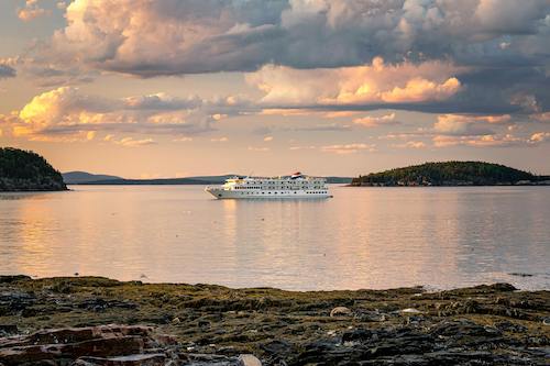 Cruise ship sailing through the harbor of Bar Harbor near Acadia National Park