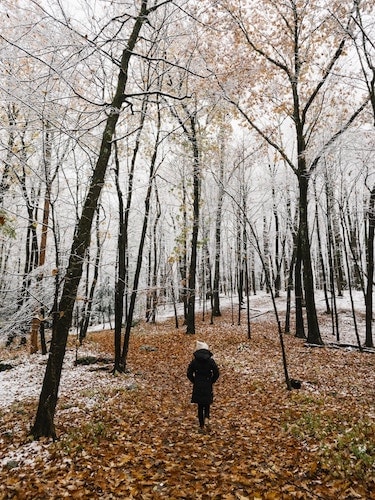Hiking through the first snow of the season near the military academy at West Point