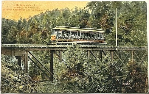 Historic postcard of a Hudson Valley Railway car crossing the Battenkill River circa 1907-1915