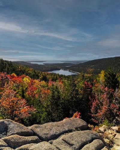Fall foliage view of Acadia National Park and Mount Desert Island