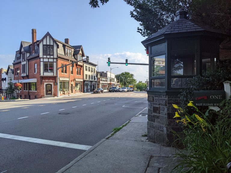 The top of the Ave, where it meets the Post Road, during summer