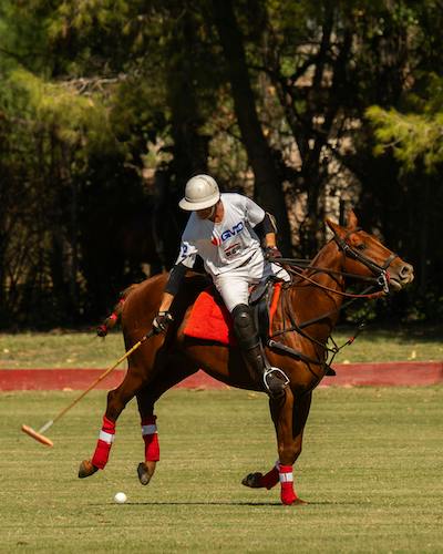Playing going for the ball during a Greenwich polo match