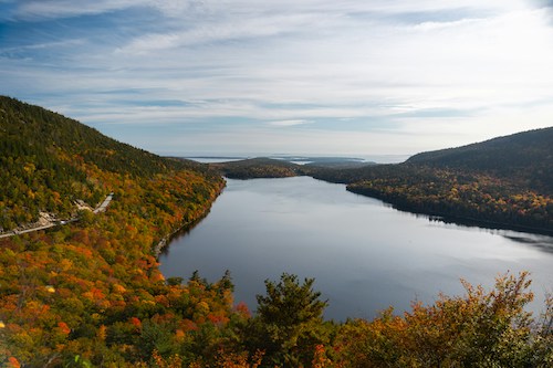 View of Jordan Pond amidst fall foliage from the Jordan Pond Loop