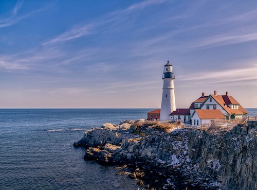 Portland Head Light at dawn, one of the most famous historic lighthouses on the Maine coast
