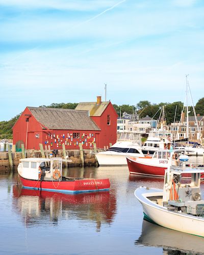 Fishing boats surrounding Motif No. 1 in Rockport, Massachusetts