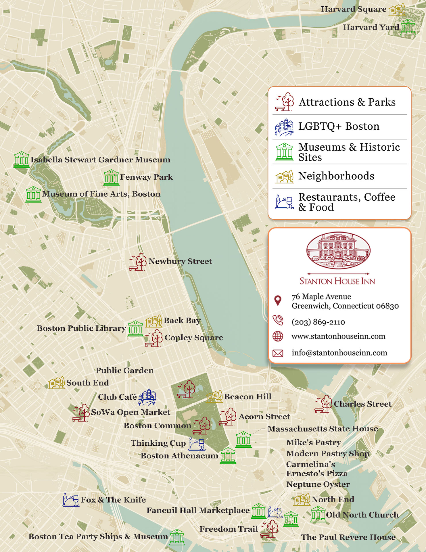 Map of attractions, activities, and things to do in Boston, MA